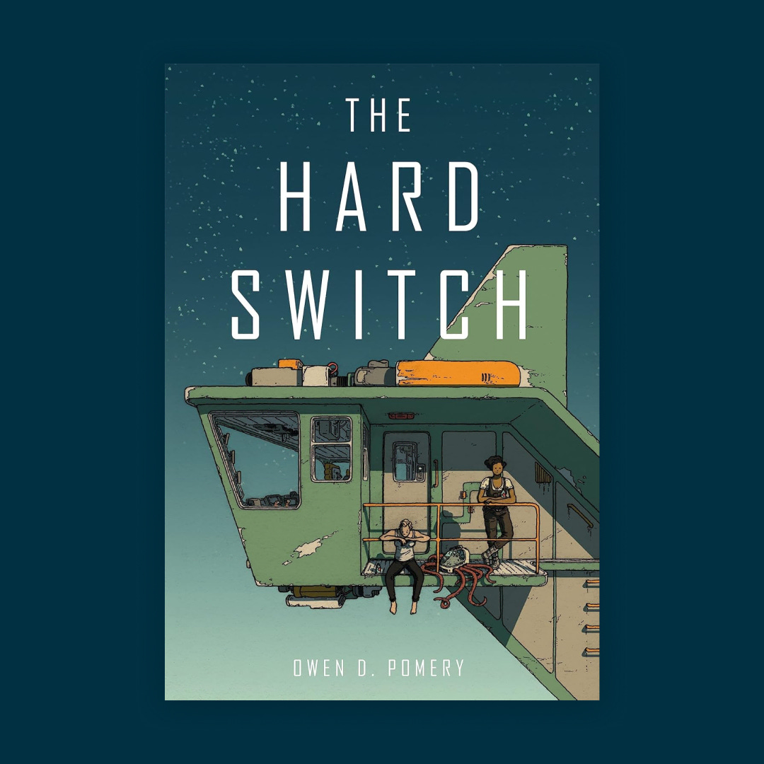 The Hard Switch cover: two characters sitting on a metal tower on a starry night.